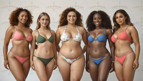 Five women stand confidently, each wearing vibrant bikinis in shades of pink, green, floral, blue, and coral. Their diverse skin tones and hairstyles, ranging from natural curls to sleek waves, highlight their individuality. Smiling expressions radiate confidence, while the neutral background draws focus to the vivid swimwear and their natural beauty. Ai generated. Photography style.