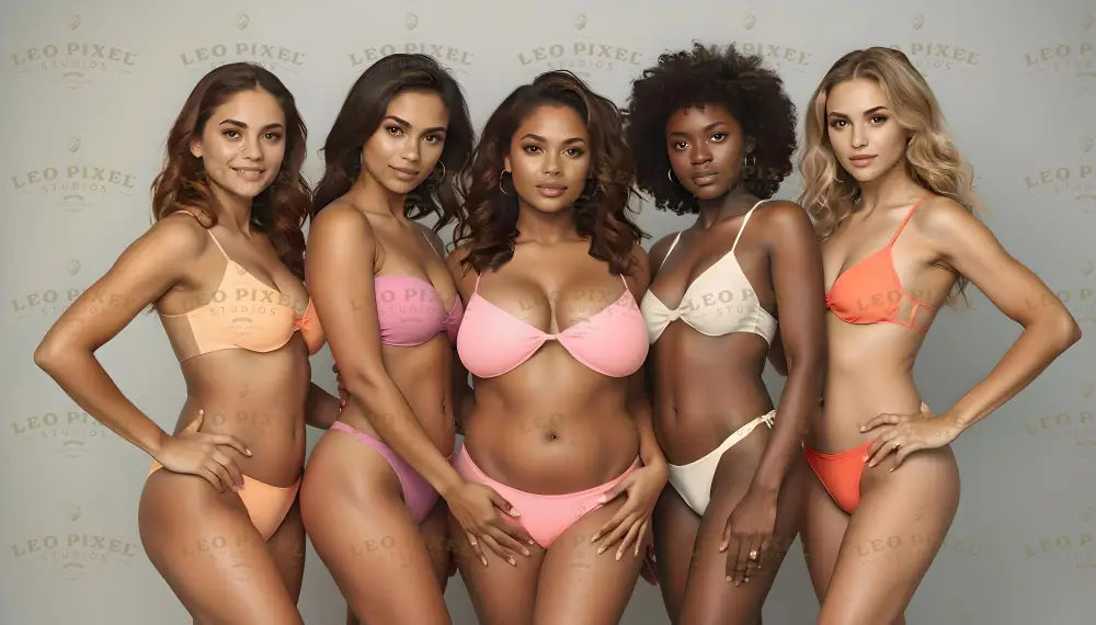 Five women of various backgrounds stand confidently in pastel-toned bikinis, including peach, pink, cream, and orange. Their expressions radiate poise, complemented by natural hairstyles and soft waves. The simple, neutral background highlights their bright swimwear. Subtle details like gold jewelry add a touch of elegance, emphasizing their individuality and charm. Ai generated. Photography style.