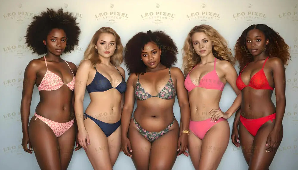 Five women of diverse backgrounds stand together wearing colorful bikinis, including patterns like florals, solids, and lace textures. Their confident expressions and natural hairstyles enhance their individuality. The soft, neutral background brings attention to their bold swimwear and radiant presence. Their poses exude strength and inclusivity. Ai generated. Photography style.